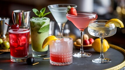 stunning display of vibrant cocktails elegantly arranged on the table, each one a masterpiece of color and flavor, generative ai 