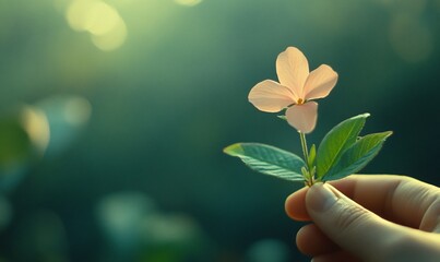 Hand holding delicate flower, sunset garden background, nature beauty, peaceful card