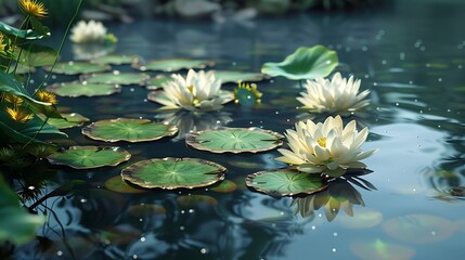 Lotus flowers floating on a serene pond with lily pads and reflections