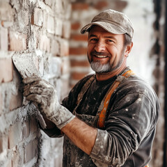 Obraz premium Middle-aged bricklayer spreads mortar on a construction site with a smile