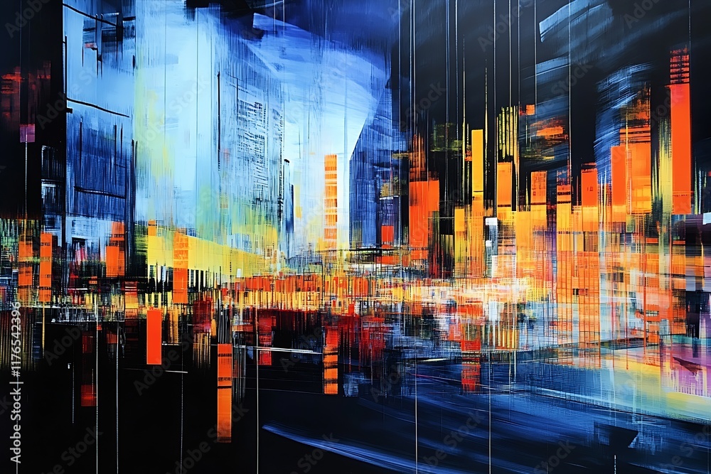 Poster colorful urban cityscape with vibrant bars and abstract motion effect : generative ai