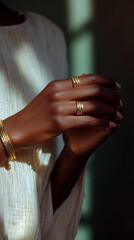 Close-up of a black woman's hands adorned with gold jewelry in soft natural light