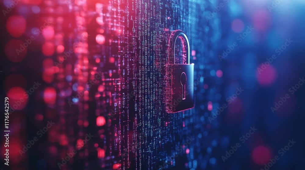 Poster abstract digital lock icon with binary code on blur background featuring colorful bokeh effects and 