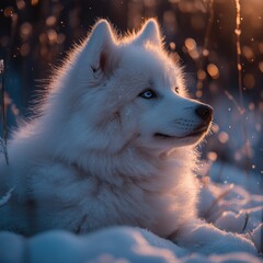 Obraz premium White fluffy dog in snowy sunset.