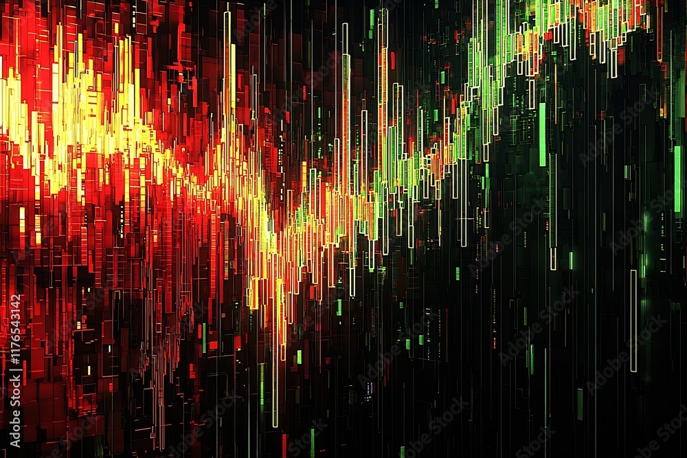 Poster Vibrant Abstract Digital Data Waves in Red and Green Illuminated Background : Generative AI