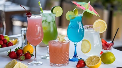 stunning display of vibrant cocktails elegantly arranged on the table, each one a masterpiece of color and flavor, generative ai 