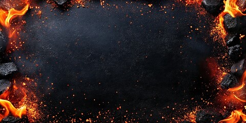 Fire and flames create an intense background. Burning embers and glowing sparks mix with charcoal. Vivid dramatic textures evoke heat energy. Perfect for BBQ or grilling themes.