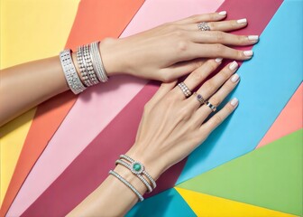 Fototapeta premium Female Hands with Bracelets and Rings on Colorful Background - Stylish and Elegant Accessories