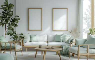 Fototapeta premium Minimalist living room with blank frames, sofa, plants, and sunlight.