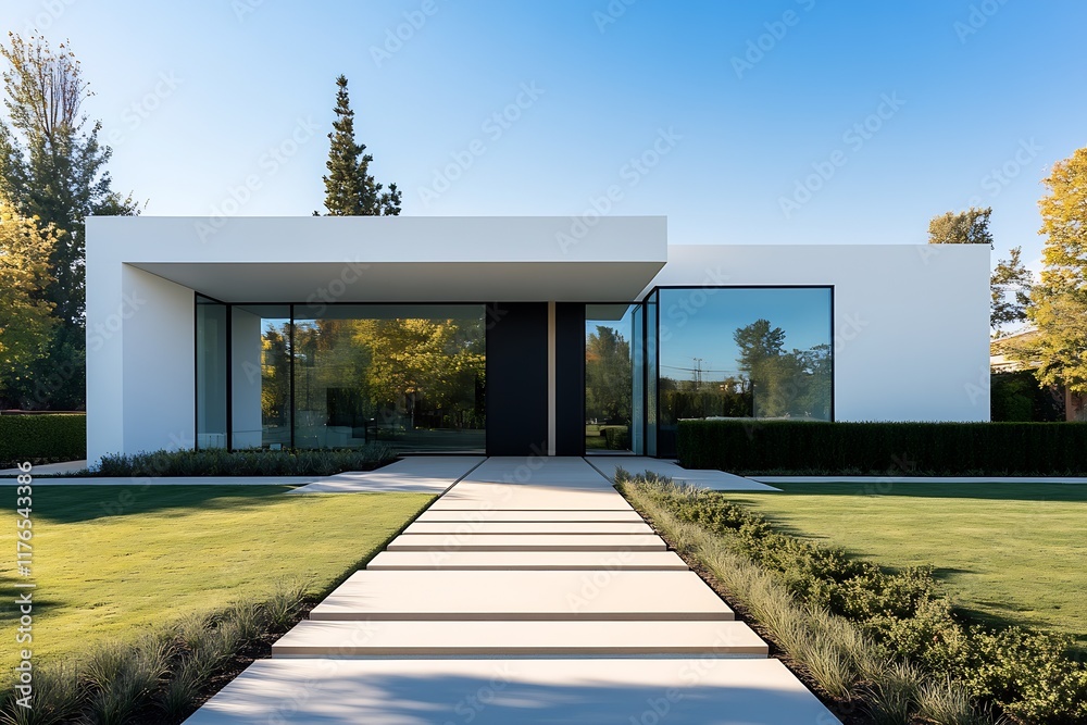Poster modern minimalist architecture of a luxury glass house with spacious lawn in daylight setting : gene