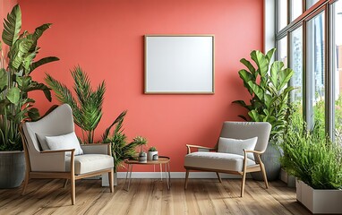 Modern living room interior with blank frame, plants, armchairs, and city view.