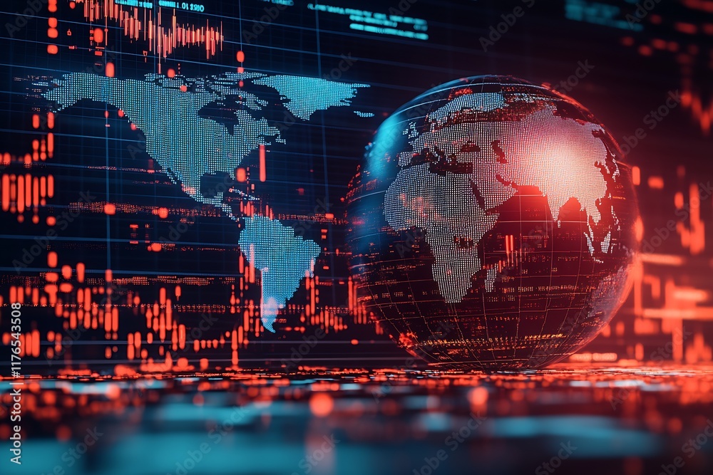 Fototapete High-Tech World Map with Digital Data Streams in Red Hues : Generative AI