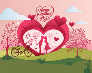 Happy Valentine's Day banner. Holiday background design with big heart made of pink, red. Horizontal poster, flyer, greeting card.