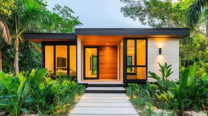 A minimalist container house with a beautiful modern design surrounded by lush greenery