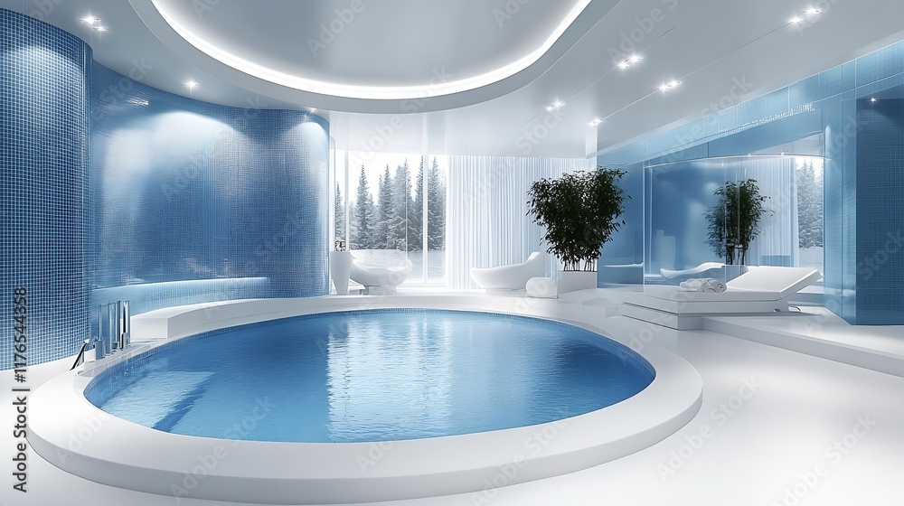 Aufkleber contemporary blue white indoor pool with elegant architecture and panoramic view : generative ai