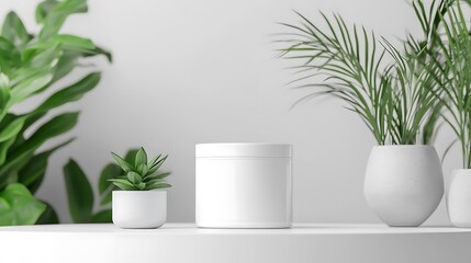 White container mockup on shelf with potted plants.