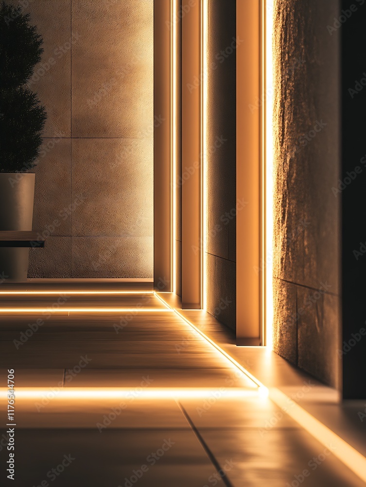 Poster Warmly Lit Corridor with Minimalistic Design Elements : Generative AI