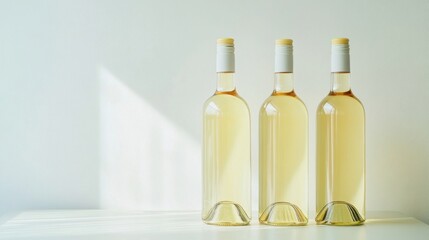 three bottles of white wine sitting on a table