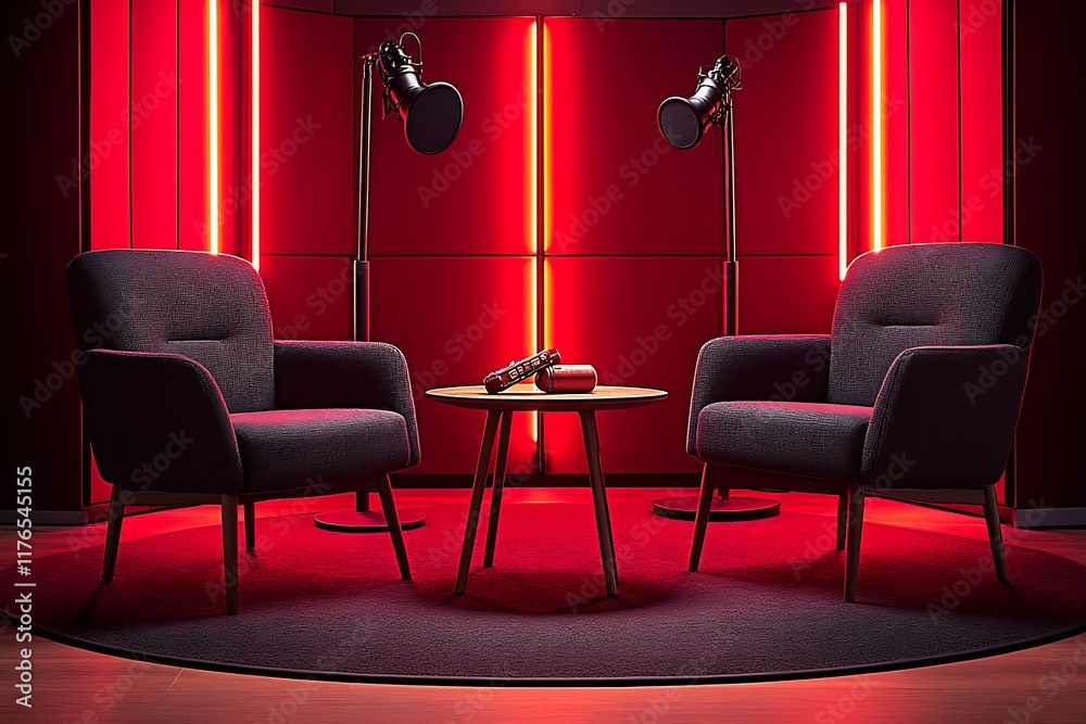 Poster stylish red-lit podcast studio setup with two comfortable armchairs : generative ai