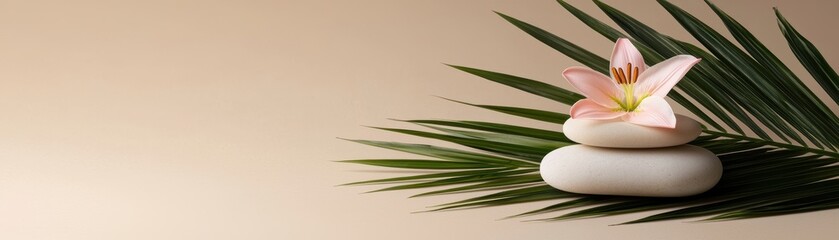 Elegant spa setup featuring a vibrant pink lily smooth white stones and palm leaves illuminated by gentle sunlight on a neutral backdrop