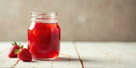 A delightful jar of homemade strawberry preserves sits on a rustic white wooden table, accompanied by two fresh, ripe strawberries.