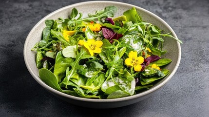 Fresh green salad with mixed leaves and vibrant yellow flowers in a stylish bowl, perfect for healthy eating and culinary presentations.