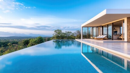 Fototapeta premium A sustainable luxury container house with an infinity pool and breathtaking views
