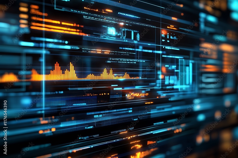 Poster High-Tech Digital Dashboard with Vibrant Orange and Blue Data Visual Elements : Generative AI