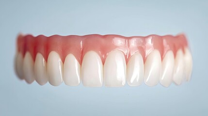 Fototapeta premium Realistic dental prosthesis displayed against a light blue background, showcasing lifelike teeth and gum structure for dental education or marketing.