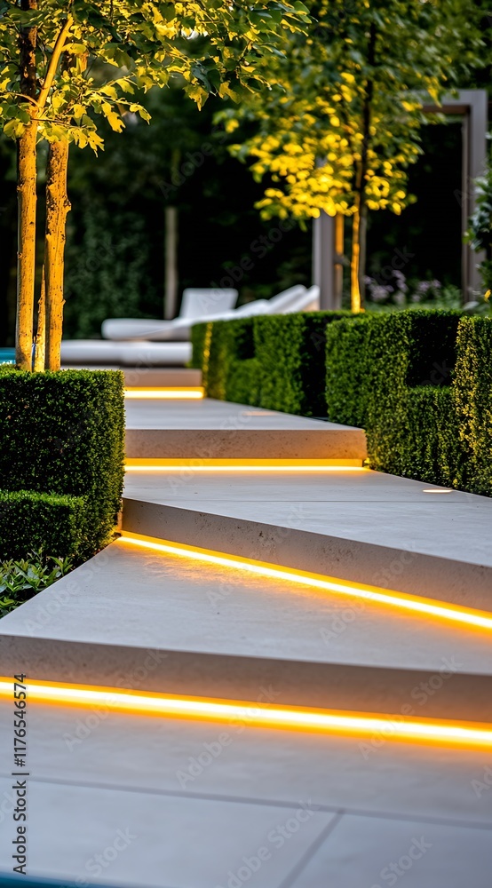 Poster Stylish LED Lit Pathway in a Modern Manicured Garden at Twilight : Generative AI