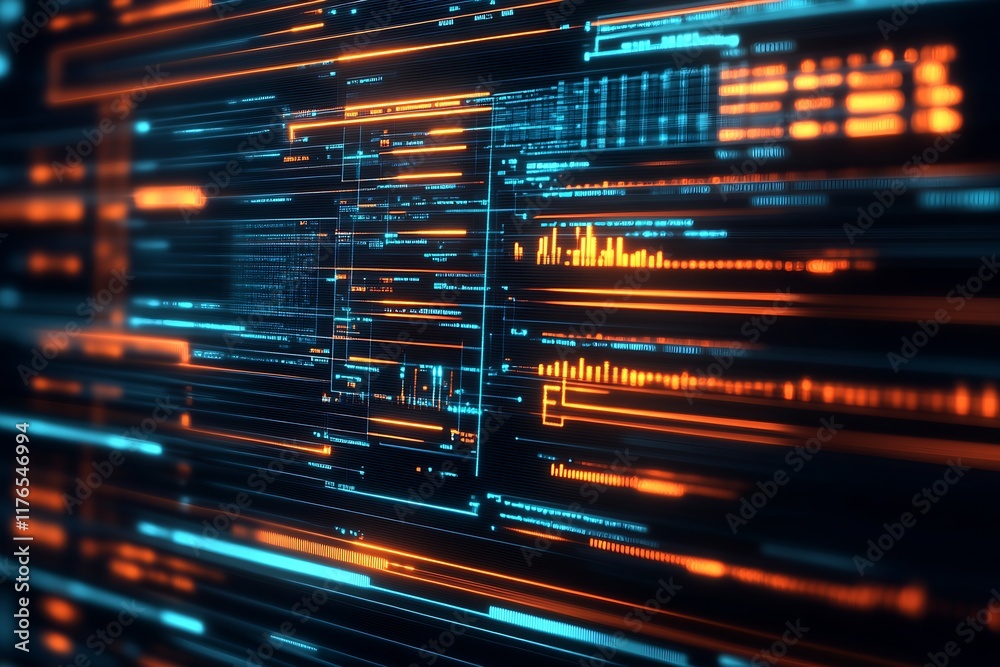 Fototapete Futuristic Digital Interface with Glowing Orange and Blue Data Streams : Generative AI