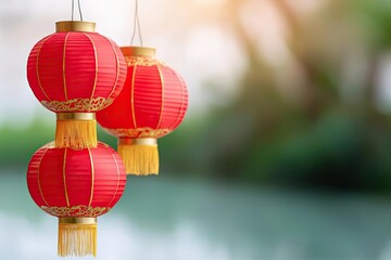 Three red Chinese lanterns hanging gracefully, adding a vibrant touch to any celebration with their traditional design and warm glow.