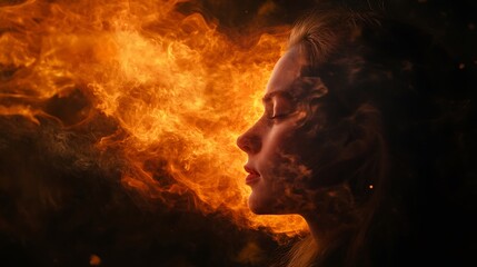 Woman's face merges with fiery background, creating surreal, intense image.
