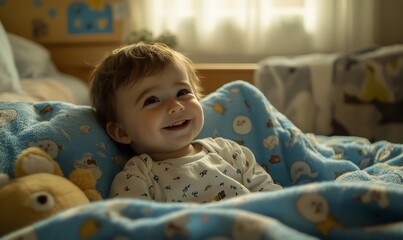 Happy toddler in bed, morning sunlight, bedroom background, family use