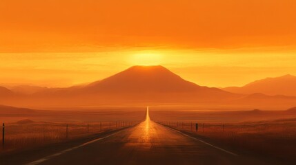 Sunset over a volcano with a road leading to it.