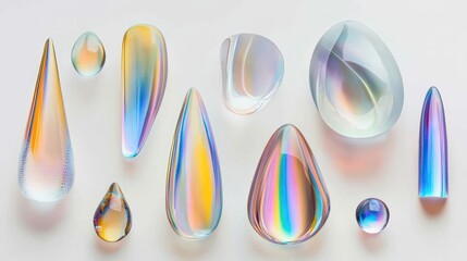 Collection of iridescent glass stones on white background.