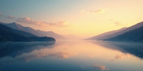 Fototapeta premium Serene Sunrise Over a Tranquil Lake Nestled Between Majestic Mountains with Misty Shores and a Calm Reflection