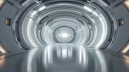 Obraz premium Large white and silver futuristic corridor with glowing lights along the walls, featuring a sleek round shape and modern architectural design. A perfect setting for sci-fi and innovative technological