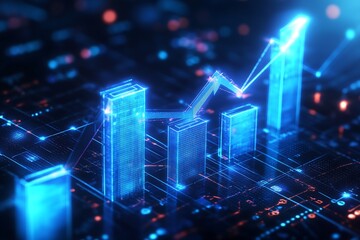 Fototapeta premium Illuminated Digital Bar Graph Representing Business Growth with Blue Neon Effects : Generative AI