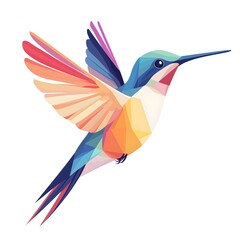 Obraz premium Modern Moody Geometric Hummingbird Illustration: Vibrant Vector Design with Blue, Orange, Pink, and Yellow Floral Background
