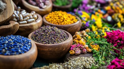 a variety of different types of flowers in wooden bowls