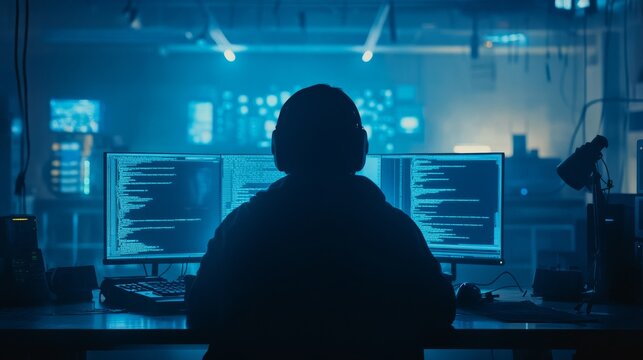 Hacker Silhouette on Blue BSOD Screen. System Hacking Cyber Attack. Global Outage Malware Attention Sign. Computer Hacked Error Concept. Vector Illustration.
