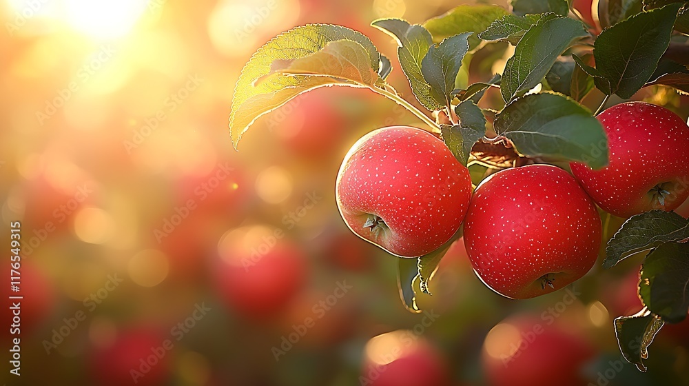 Poster sunlit orchard view with ripe red apples and green leaves in warm light : generative ai