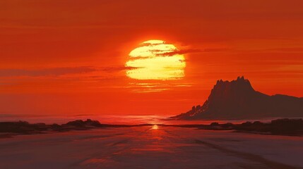 Vibrant sunset over a vast landscape with a lone mountain.