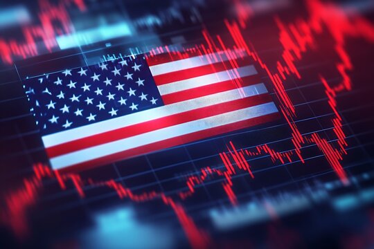 United States Map with Flag and Stock Market Downtrend on Red Graph : Generative AI