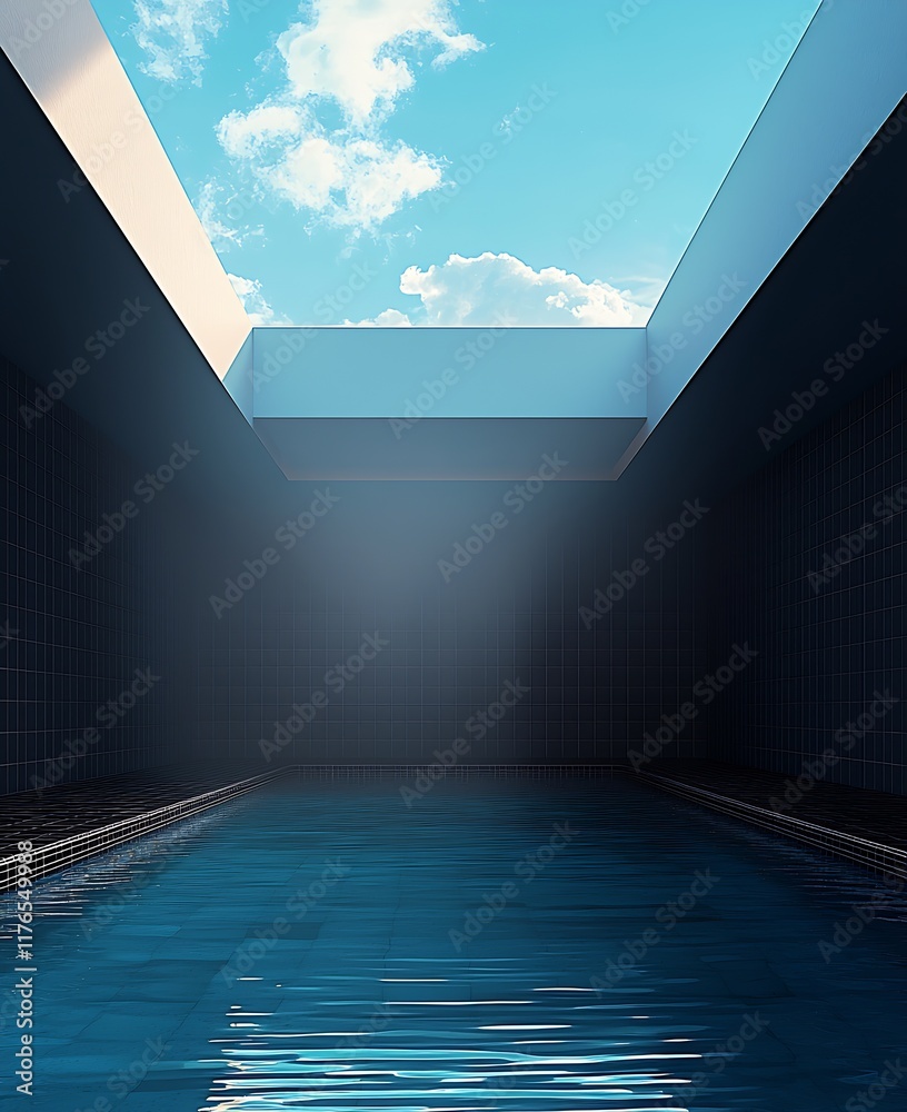 Poster Modern architectural indoor pool with sunlight streaming from open skylight : Generative AI