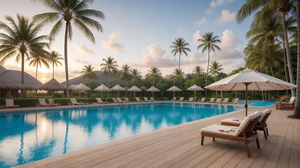 Luxurious umbrella and chair arrangement around a sparkling outdoor swimming pool of a resort, majestic coconut palm trees, early morning light, 8K photorealistic.