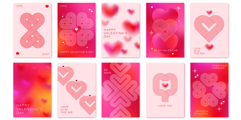 Happy Valentine's day cards set. Modern minimal art design with hearts, mesh gradient. Bright colorful romantic design. Holiday romantic cards, invitations, covers, post, message template.