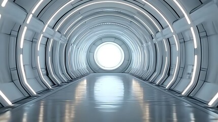 Large white and silver futuristic corridor with glowing lights along the walls, featuring a sleek round shape and modern architectural design. A perfect setting for sci-fi and innovative technological