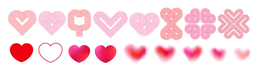 Happy Valentine's day cards set. Modern minimal art design with hearts, mesh gradient. Bright colorful romantic design. Holiday romantic cards, invitations, covers, post, message template.